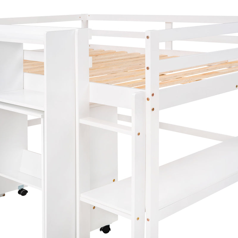 Full Size Low Loft Bed With Rolling Portable Desk, Drawers And Shelves - White