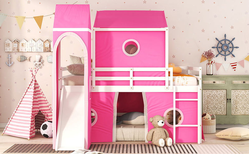 Full Size Bunk Bed With Slide Tent And Tower - Pink