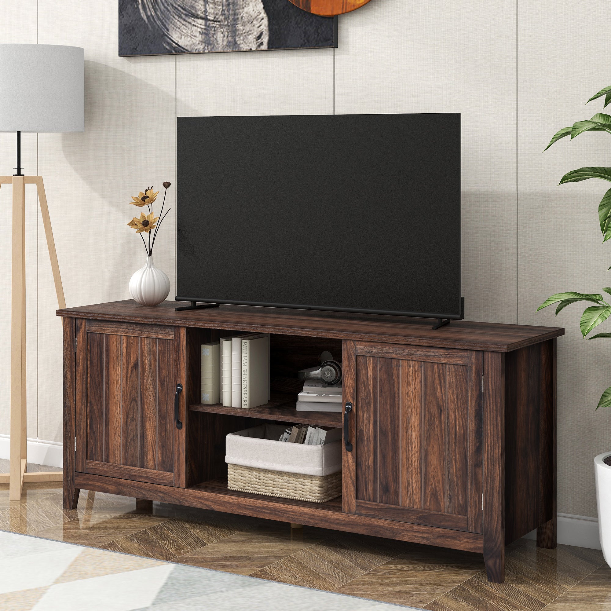 U-Can TV Stand for TV up to 60in with 2  Doors Adjustable Panels Open Style Cabinet, Sideboard for Living room, Tiger - Atlantic Fine Furniture Inc