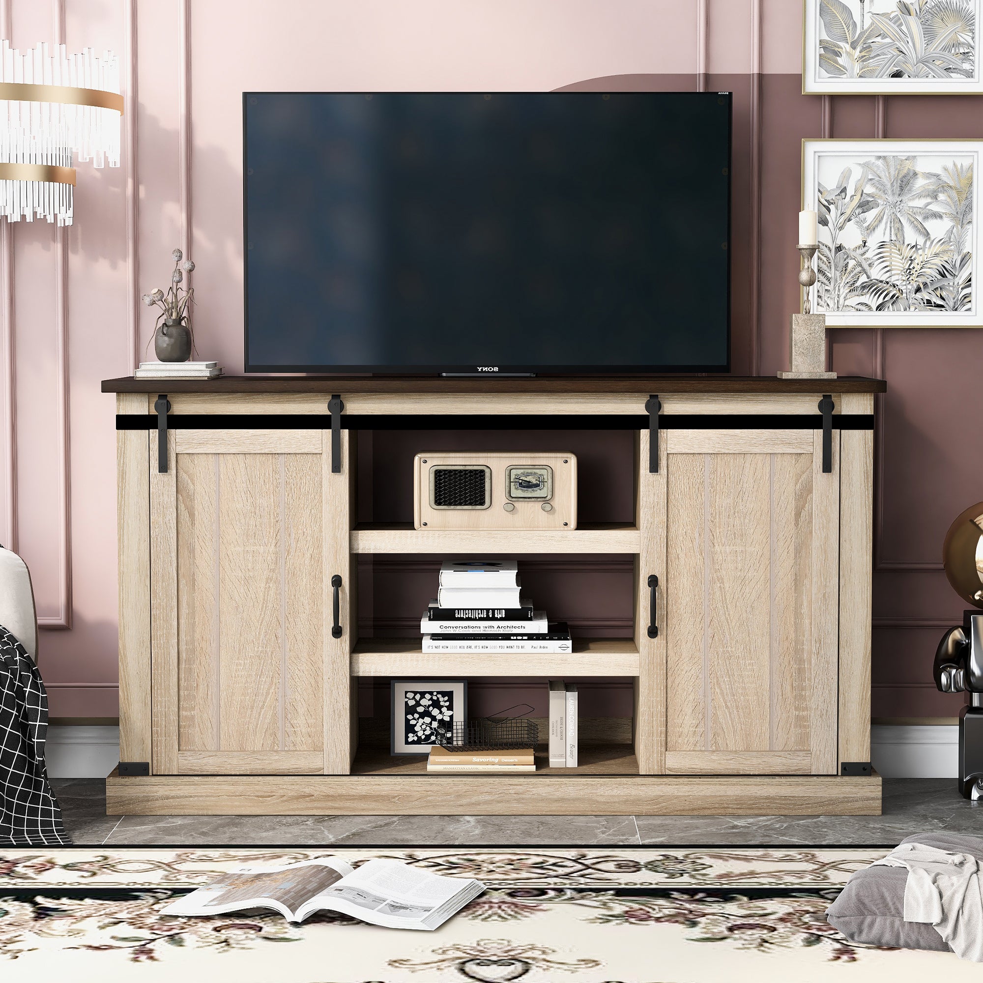 U-Can TV Stand with 2 Adjustable Panels Open Style Cabinet, Sideboard for Living room, Walnut - Atlantic Fine Furniture Inc