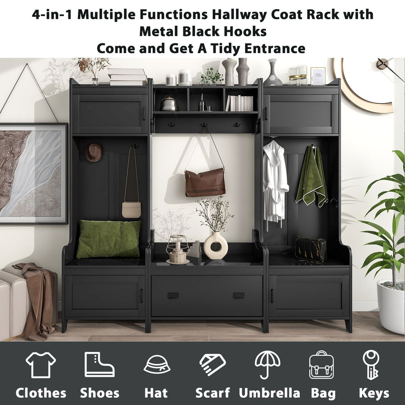 On-Trend Modern Style 4-In-1 Multiple Functions Hallway Coat Rack With Seven Metal Black Hooks, Entryway Bench Hall Tree With Ample Storage Drawer - Black
