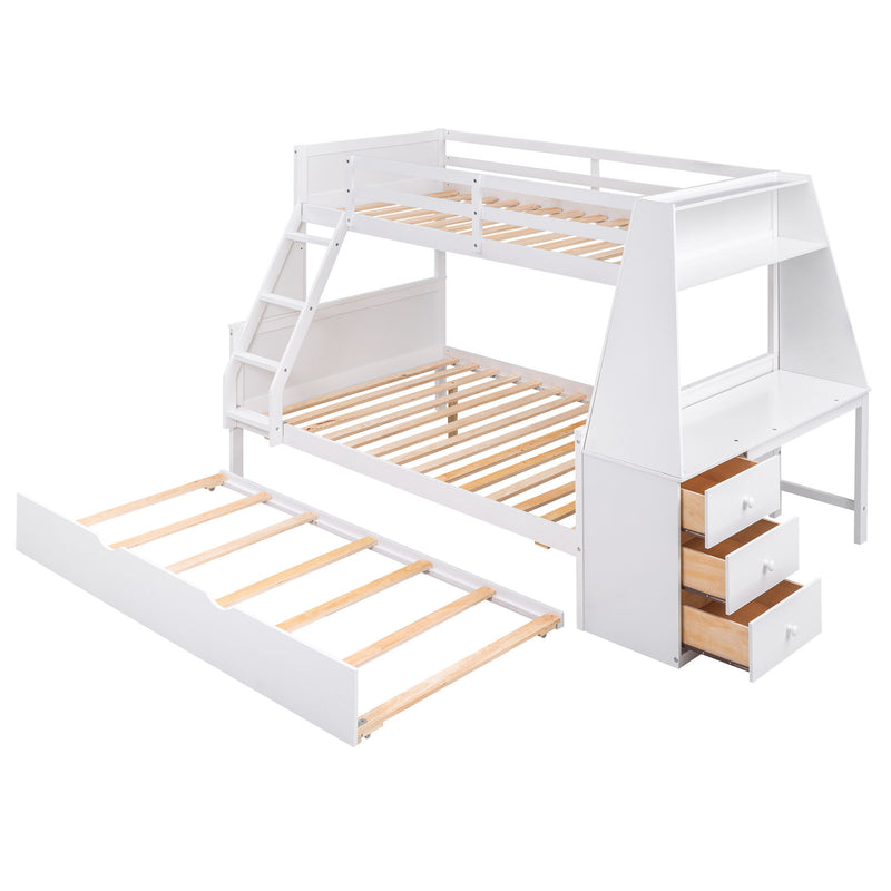 Twin Over Full Bunk Bed With Trundle And Built-In Desk, Three Storage Drawers And Shelf, White