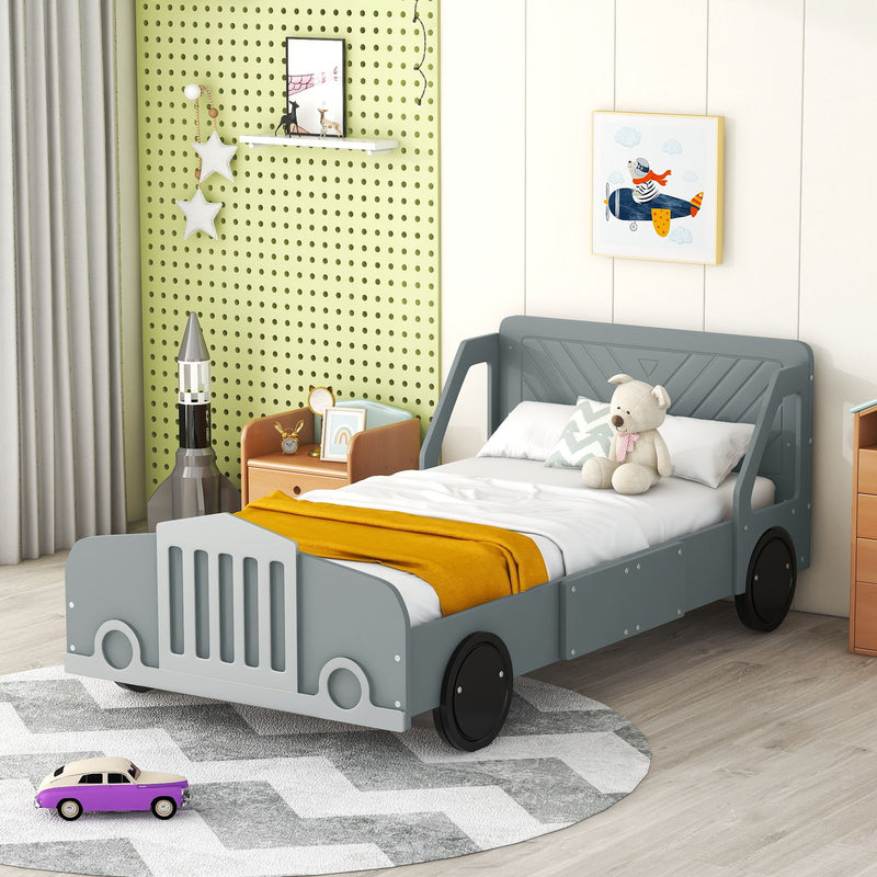 Twin Size Car-Shaped Platform Bed With Wheels, Gray