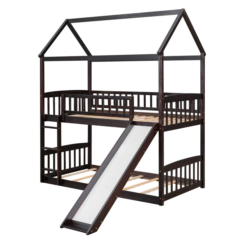 Twin Over Twin Bunk Bed With Slide, House Bed With Slide - Espresso