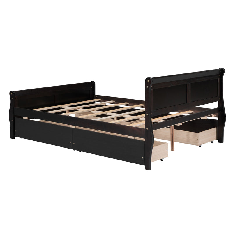Full Size Wood Platform Bed With 4 Drawers And Streamlined Headboard & Footboard, Espresso