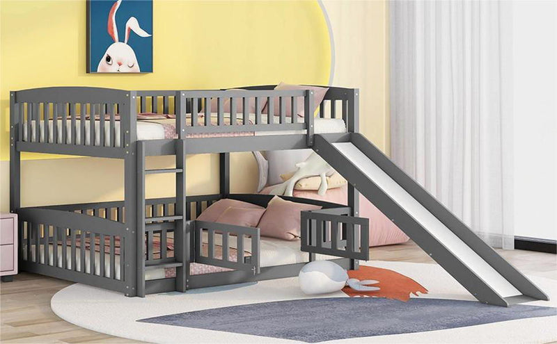 Bunk Bed With Slide, Full Over Full Low Bunk Bed With Fence And Ladder For Toddler Kids Teens Gray