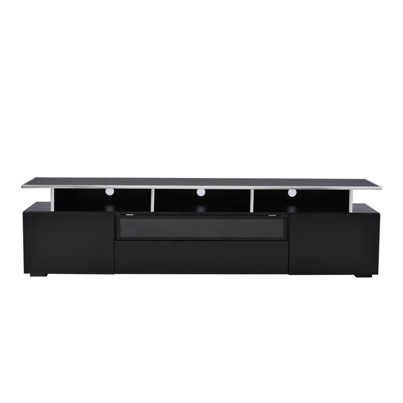 On-Trend Modern TV Stand With Push To Open Doors, Uv High-Gloss Entertainment Center With Acrylic Board For Tvs Up To 80", Stylish TV Cabinet With Led Color Changing Lights For Living Room, Black