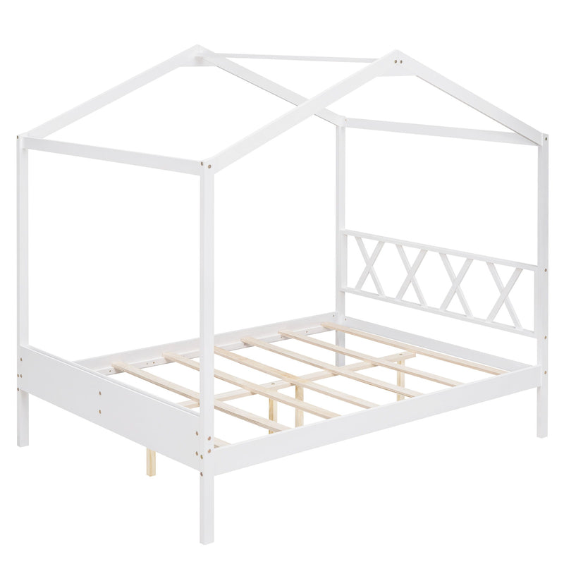 Full Size Wood House Bed With Storage Space, White