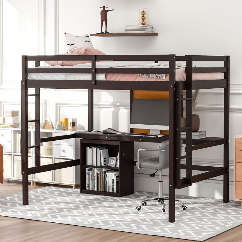 Full Size Loft Bed With Desk And Writing Board, Wooden Loft Bed With Desk & 2 Drawers Cabinet - Espresso