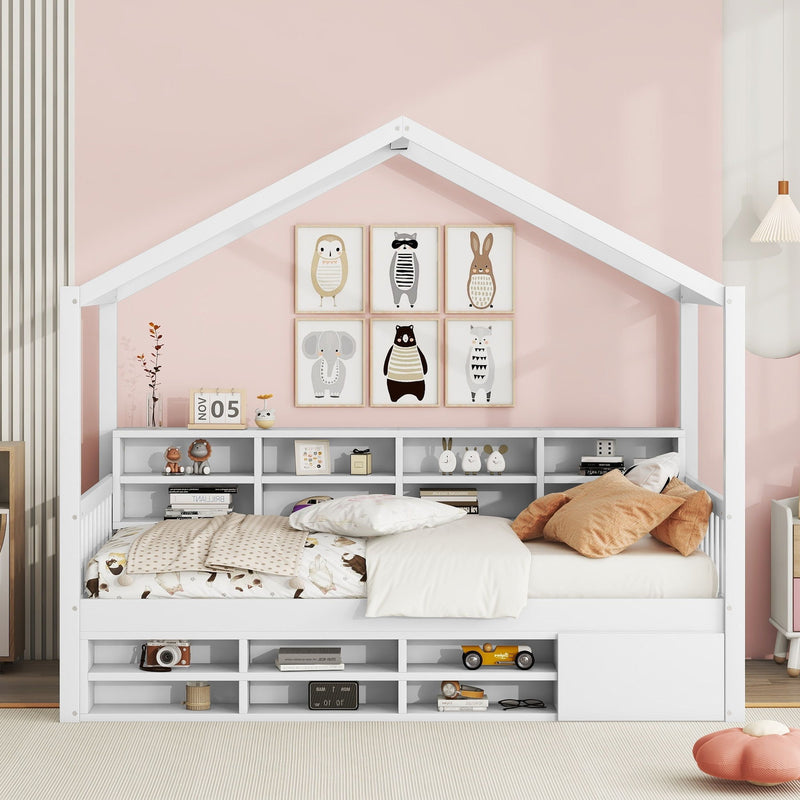 Twin Size Wooden House Bed With Shelves And A Mini-Cabinet, White