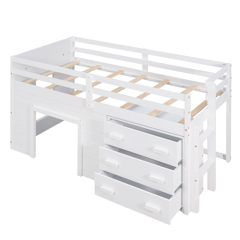 Twin Size Loft Bed With Cabinet And Shelf - White