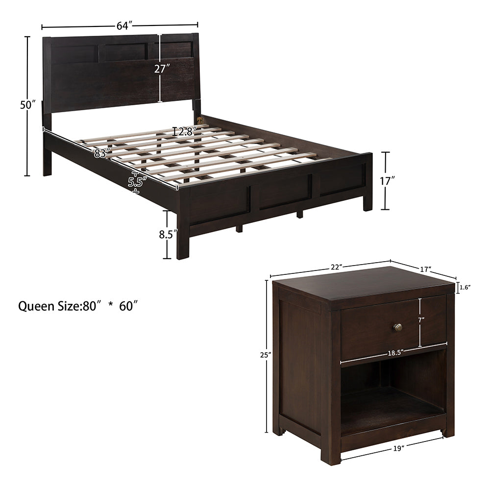 Classic Rich Brown 3 Pieces Queen Bedroom Set (Queen Bed + Nightstand*2) - Atlantic Fine Furniture Inc