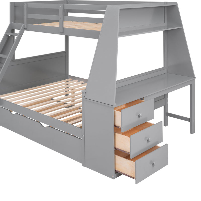 Twin Over Full Bunk Bed With Trundle And Built-In Desk, Three Storage Drawers And Shelf, Gray