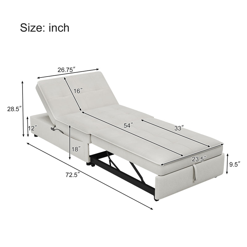 4-In-1 Sofa Bed, Chair Bed, Multi - Function Folding Ottoman Bed With Storage Pocket And USB Port For Small Room Apartment, Living Room, Bedroom, Hallway, Beige