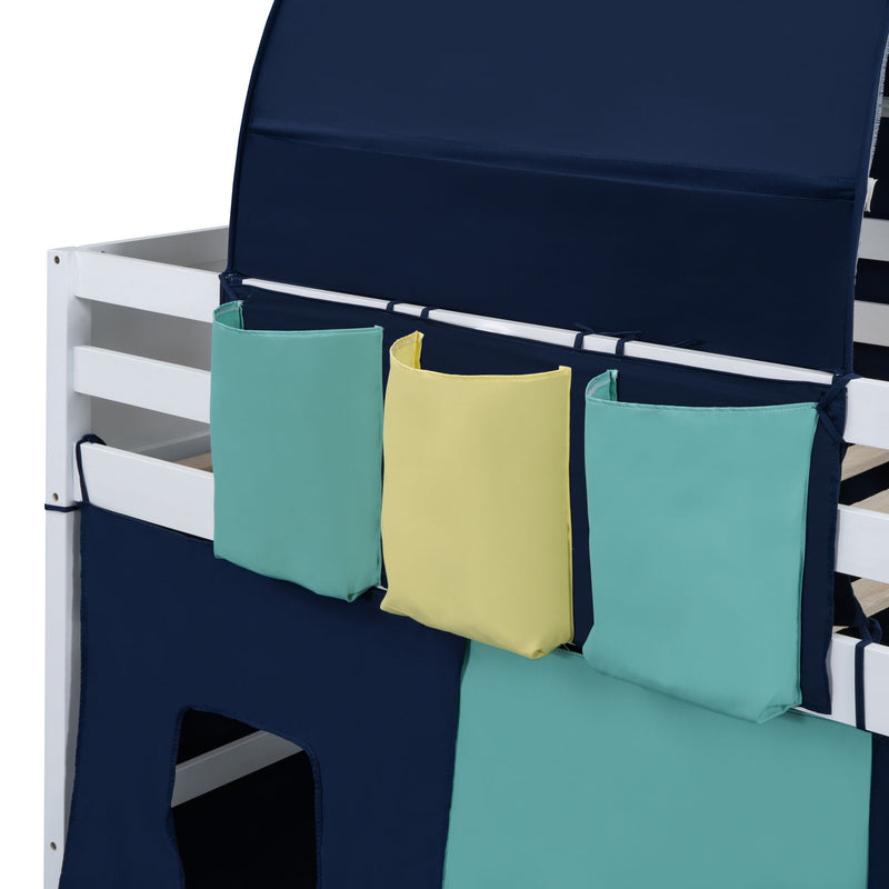 Twin Size Loft Bed With Tent And Tower And Three Pockets - Blue