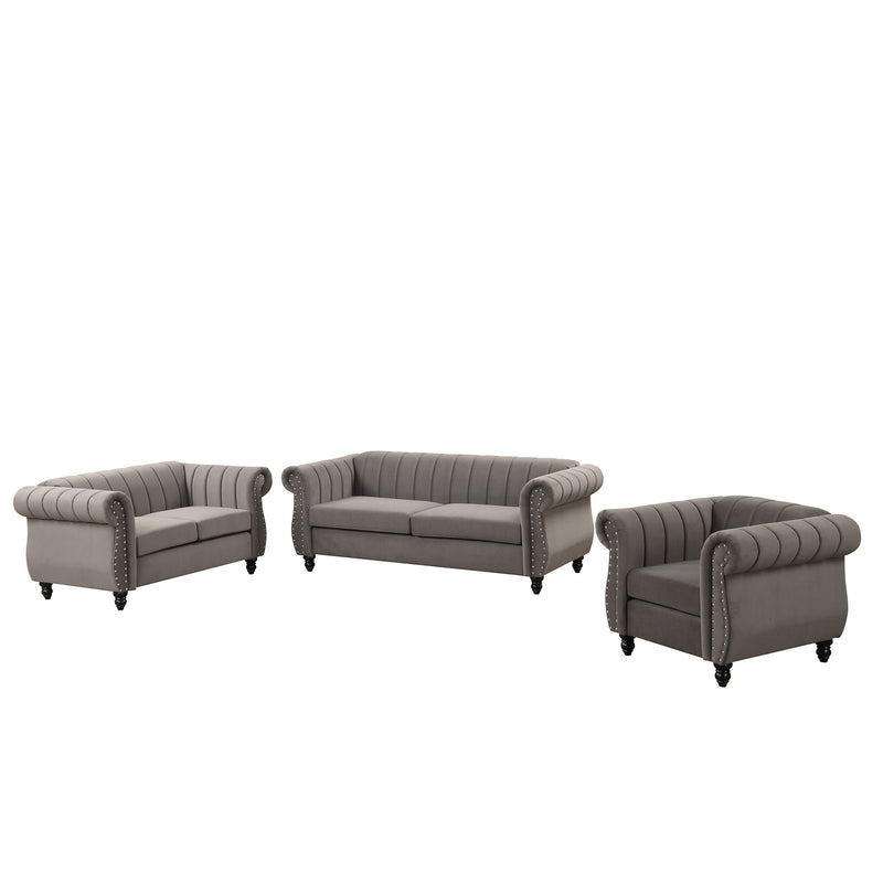 Modern Three Piece Sofa Set With Solid Wood Legs, Buttoned Tufted Backrest, Frosted Velvet Upholstered Sofa Set Including Three-Seater Sofa, Double Seater And Living Room Furniture Set Single Chair - Gray