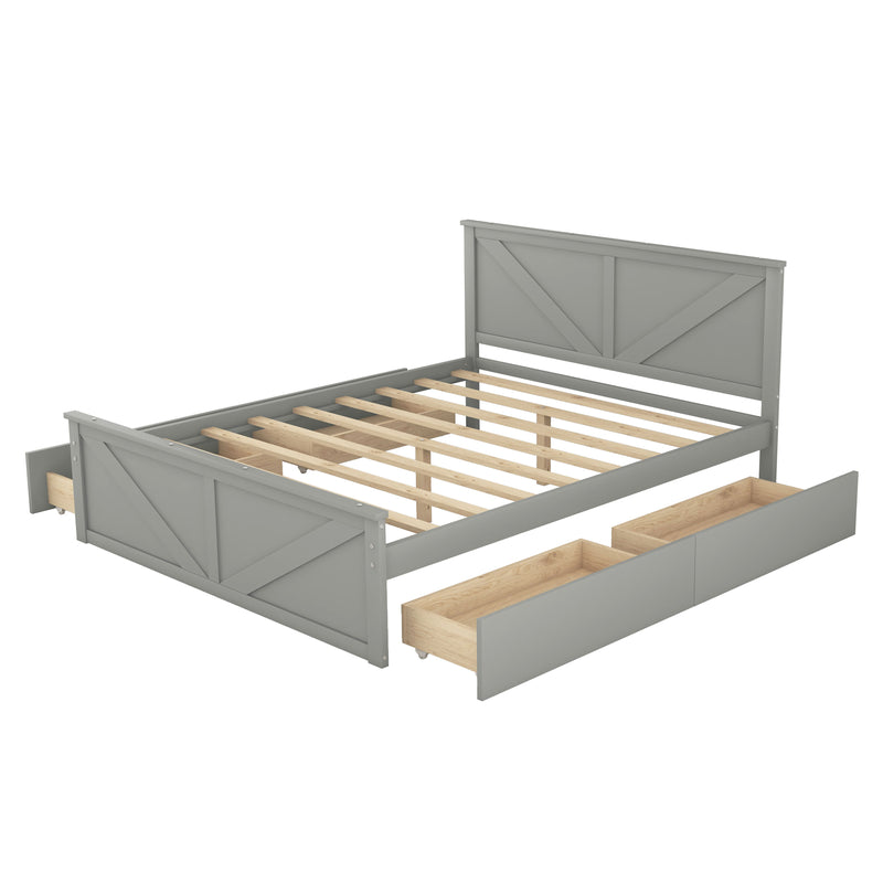 Queen Size Wooden Platform Bed With Four Storage Drawers And Support Legs, Gray