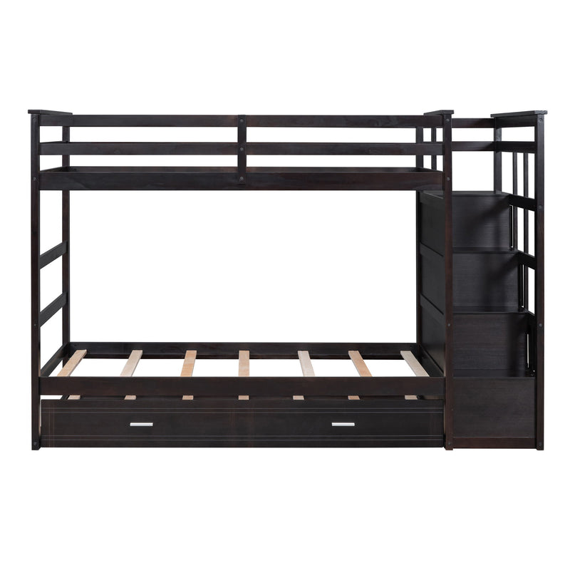Twin Over Twin Bunk Bed With Trundle And Staircase, Espresso