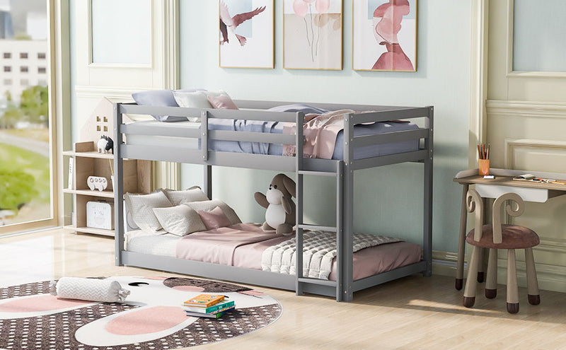 Twin Over Twin Floor Bunk Bed With Ladder - Gray