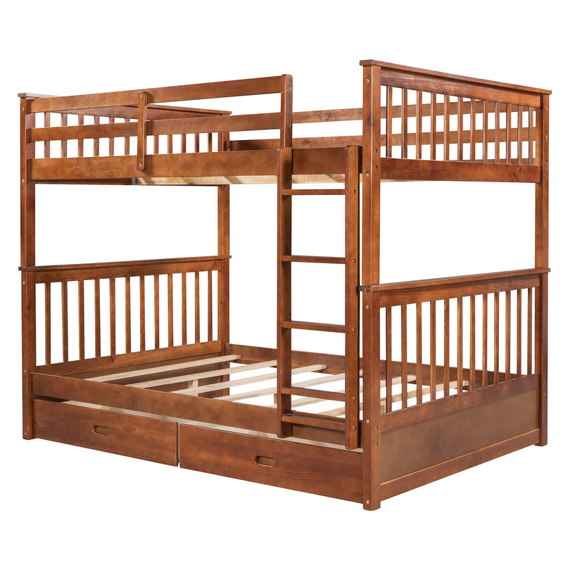 Full-Over-Full Bunk Bed With Ladders And Two Storage Drawers (Walnut)