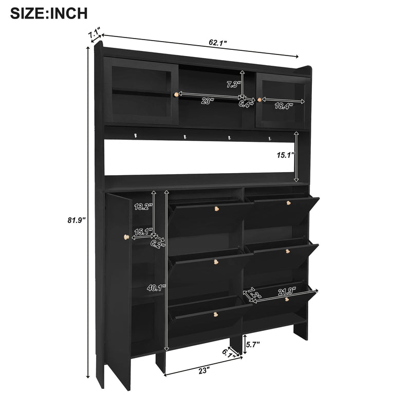 On-Trend Multifunctional Shoe Cabinet With Storage Shelf & 6 Flip Drawers, Modern Large Hall Tree With Tempered Glass Doors, Elegant Foyer Cabinet With 4 Hooks For Hallway, Black