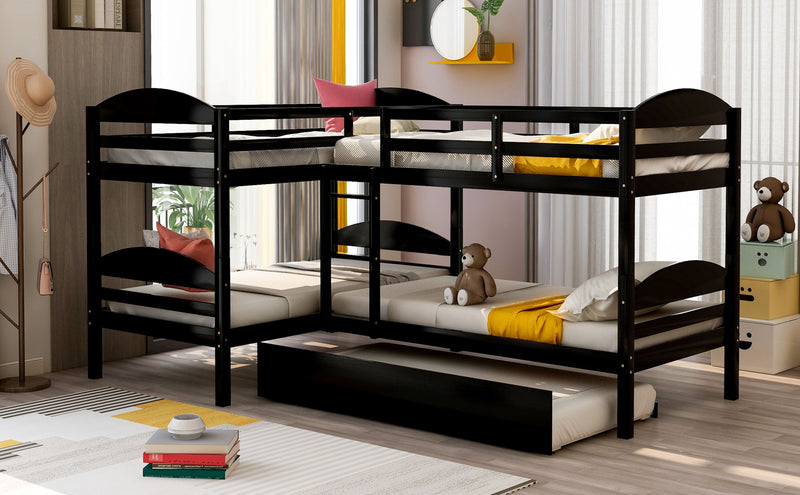 Twin L-Shaped Bunk Bed With Trundle - Espresso