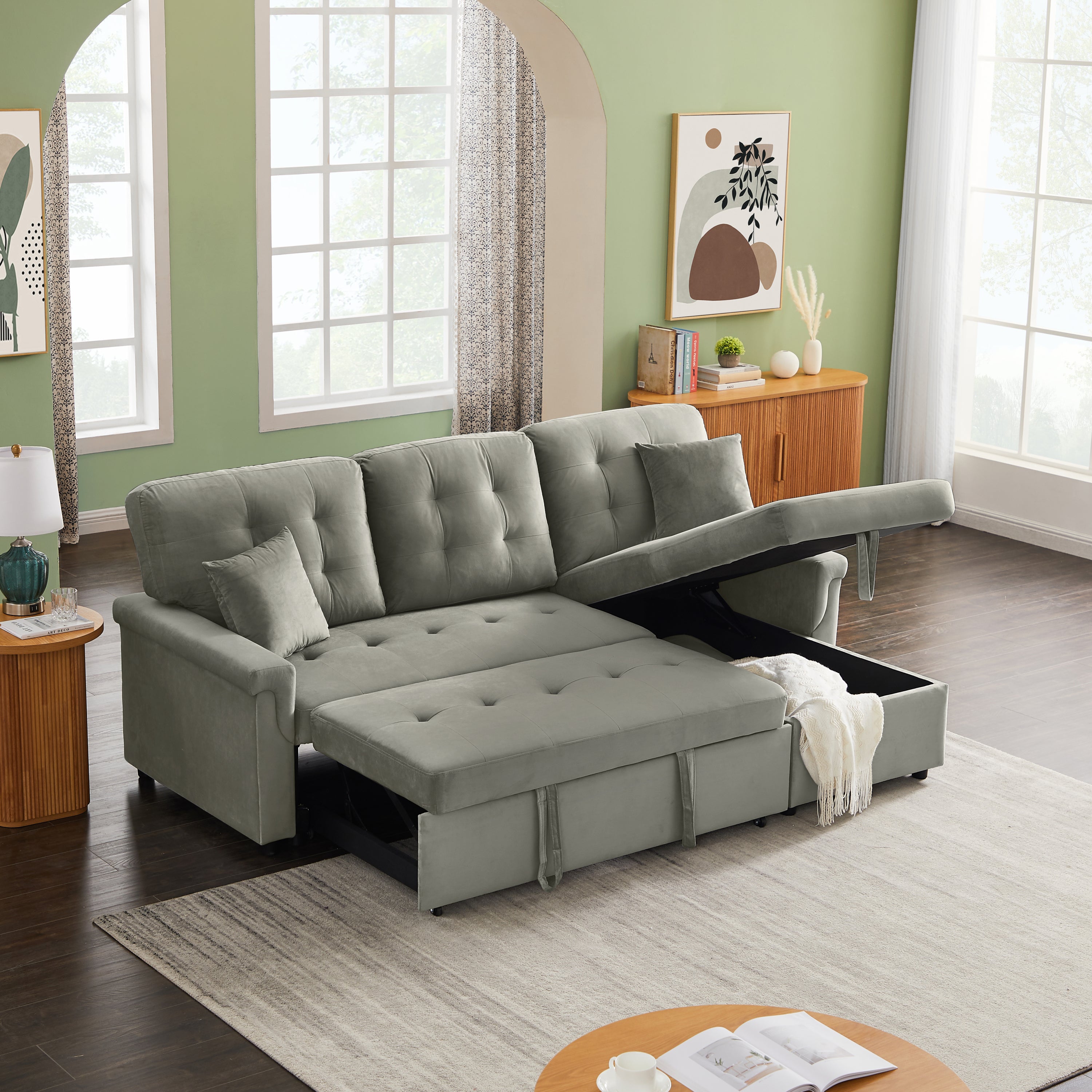 Velvet Reversible Sectional Sofa with Pull Out sleeper, L-Shaped Couch Chaise with Storage For Living Room & Apartment - Atlantic Fine Furniture Inc