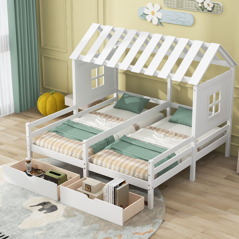 Twin Size House Platform Beds With Two Drawers For Boy And Girl Shared Beds, Combination Of 2 Side By Side Twin Beds, White
