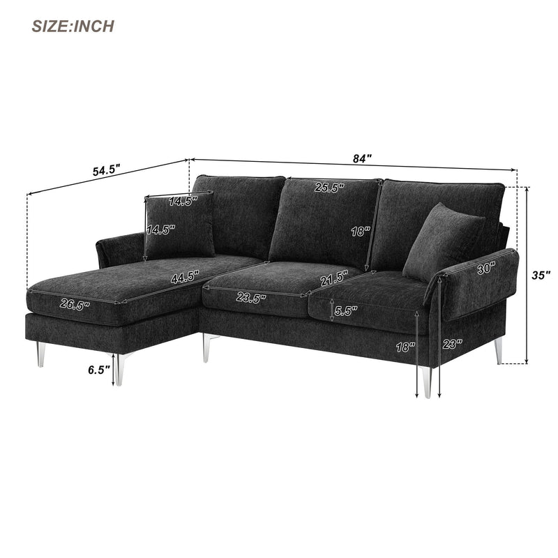 84" Convertible Sectional Sofa, Modern Chenille L-Shaped Sofa Couch With Reversible Chaise Lounge, Fit For Living Room, Apartment (2 Pillows) - Black