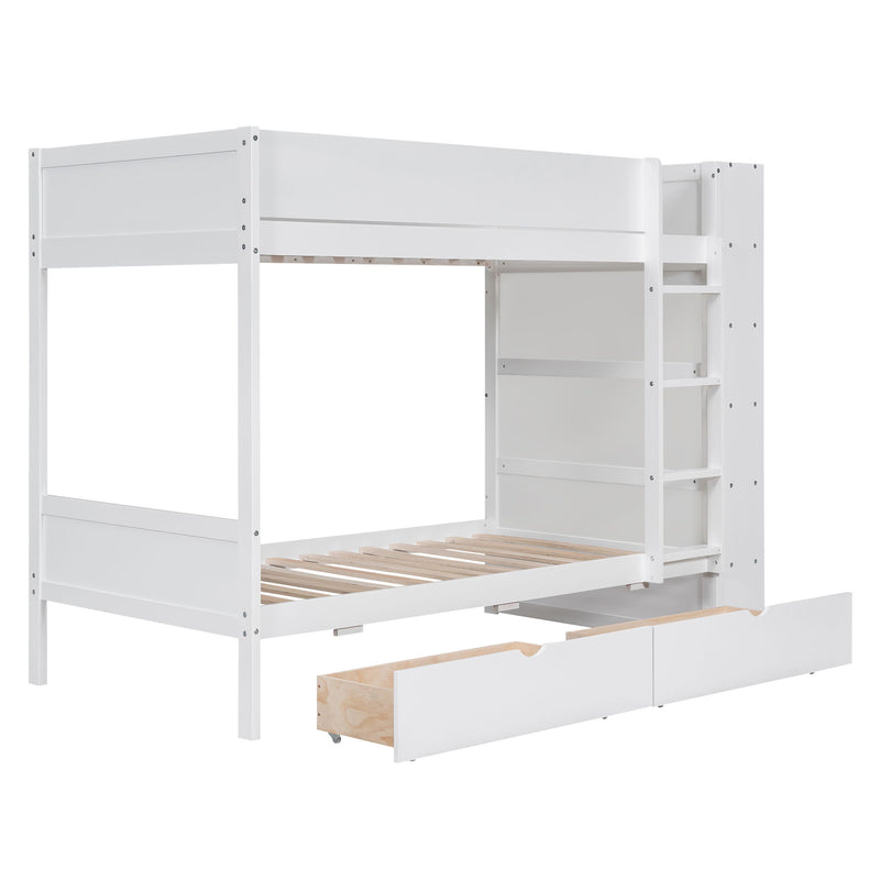 Twin Over Twin Bunk Bed With 2 Drawers And Multi-Layer Cabinet, White