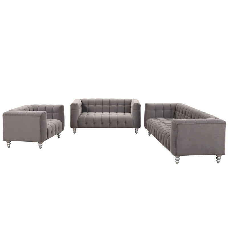 Modern 3 Piece Sofa Set With Solid Wood Legs, Buttoned Tufted Backrest, Dutch Fleece Upholstered Sofa Set Including Three-Seater Sofa, Double Seat And Living Room Furniture Set Single Chair, Gray