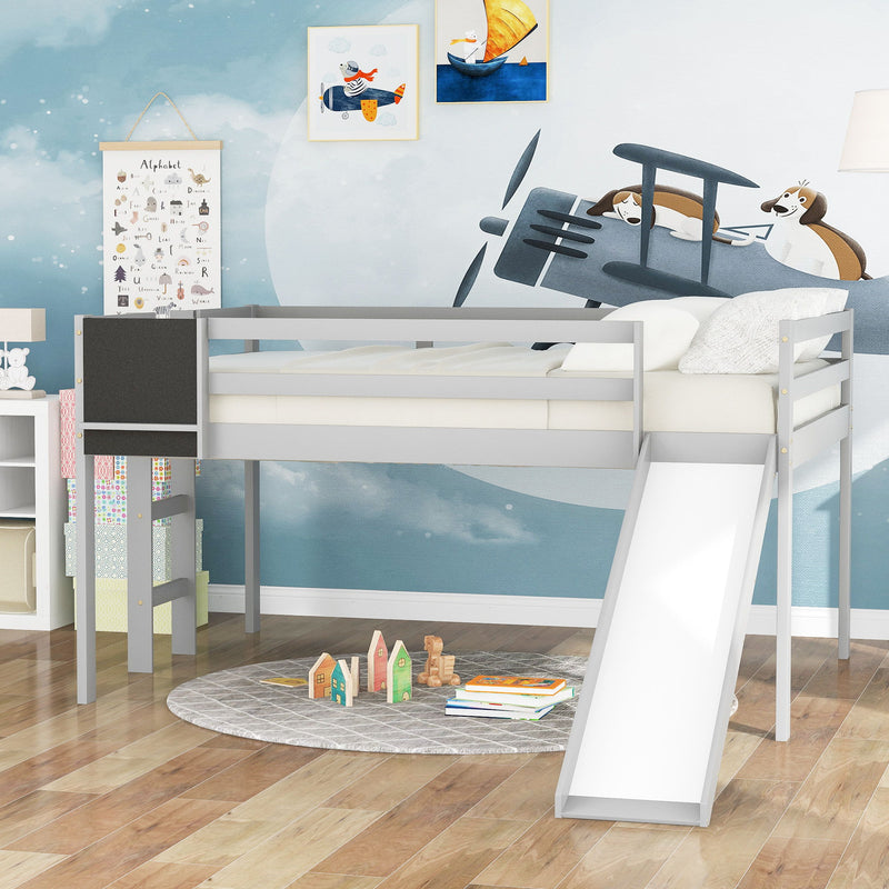 Full Size Loft Bed Wood Bed With Slide, Stair And Chalkboard, Gray