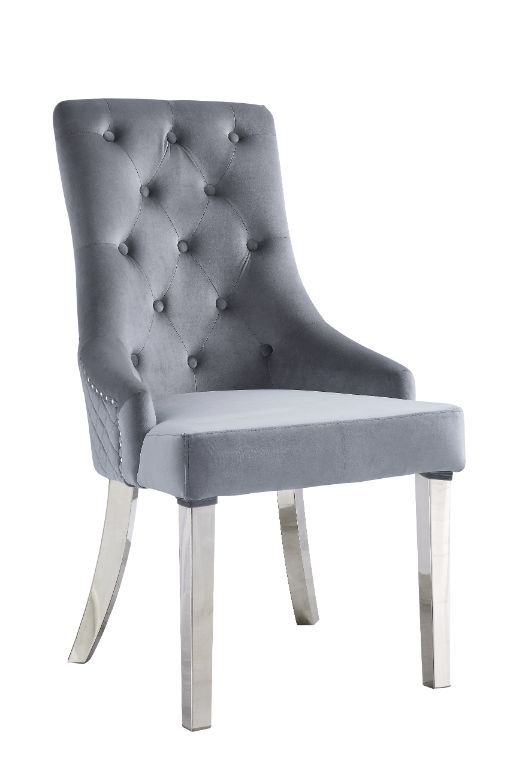 Satinka - Side Chair (Set of 2) - Gray Fabric & Mirrored Silver Finish - Atlantic Fine Furniture Inc