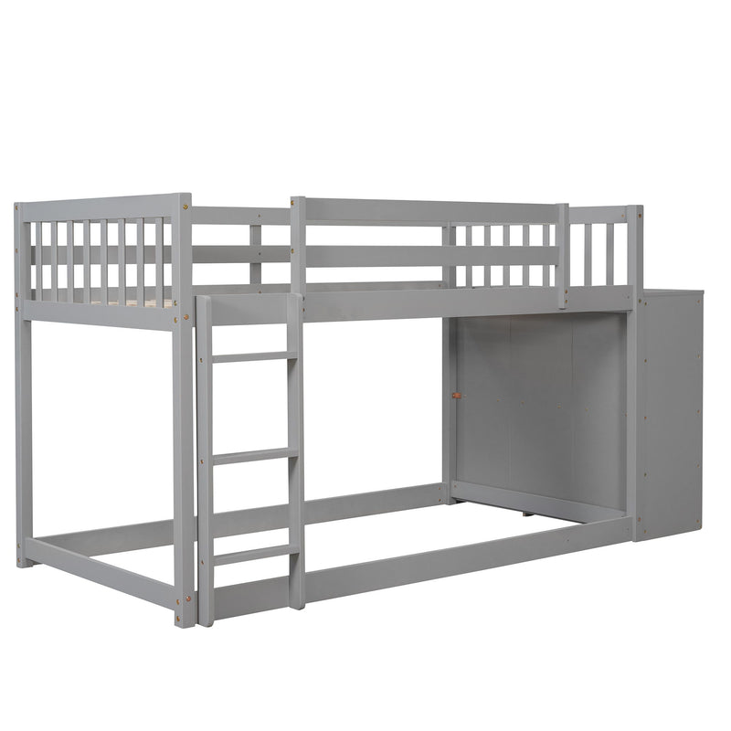 Twin Over Twin Bunk Bed With 4 Drawers And 3 Shelves - Gray