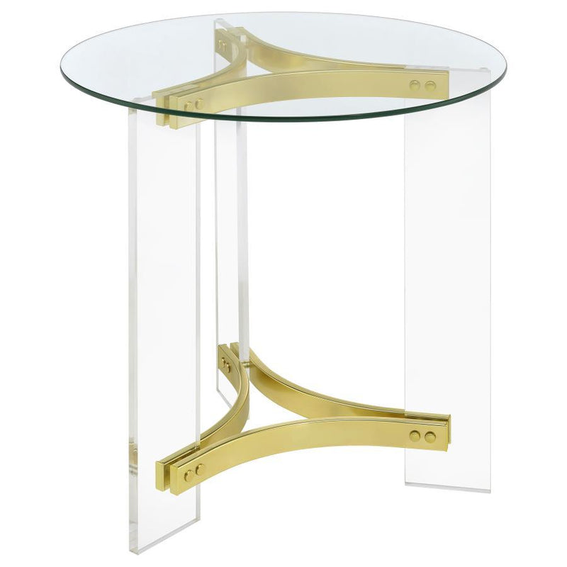 Janessa - Round Glass Top End Table With Acrylic Legs - Clear and Matte Brass