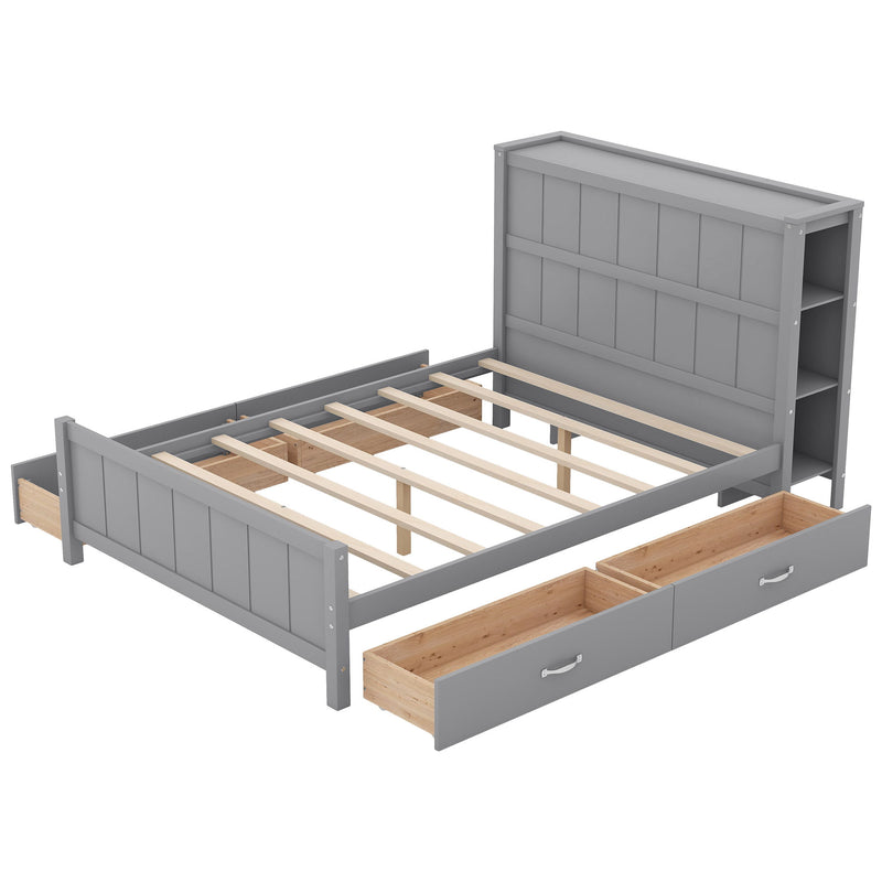 Full Size Platform Bed With Drawers And Storage Shelves - Gray