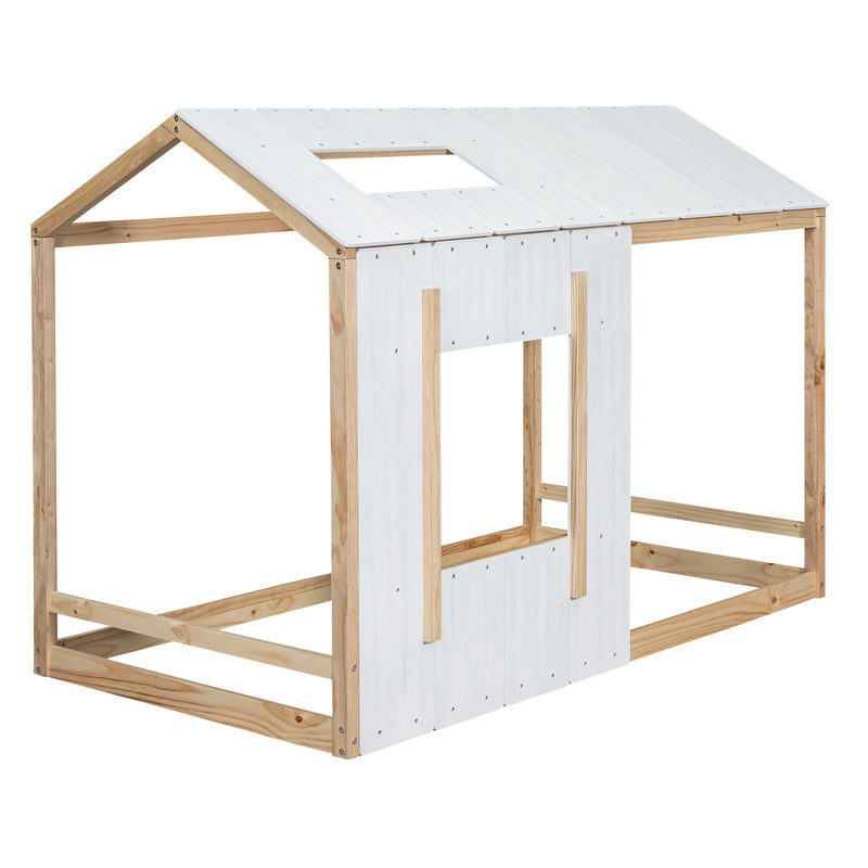 Twin Size House Platform With Roof And Window, White / Natural