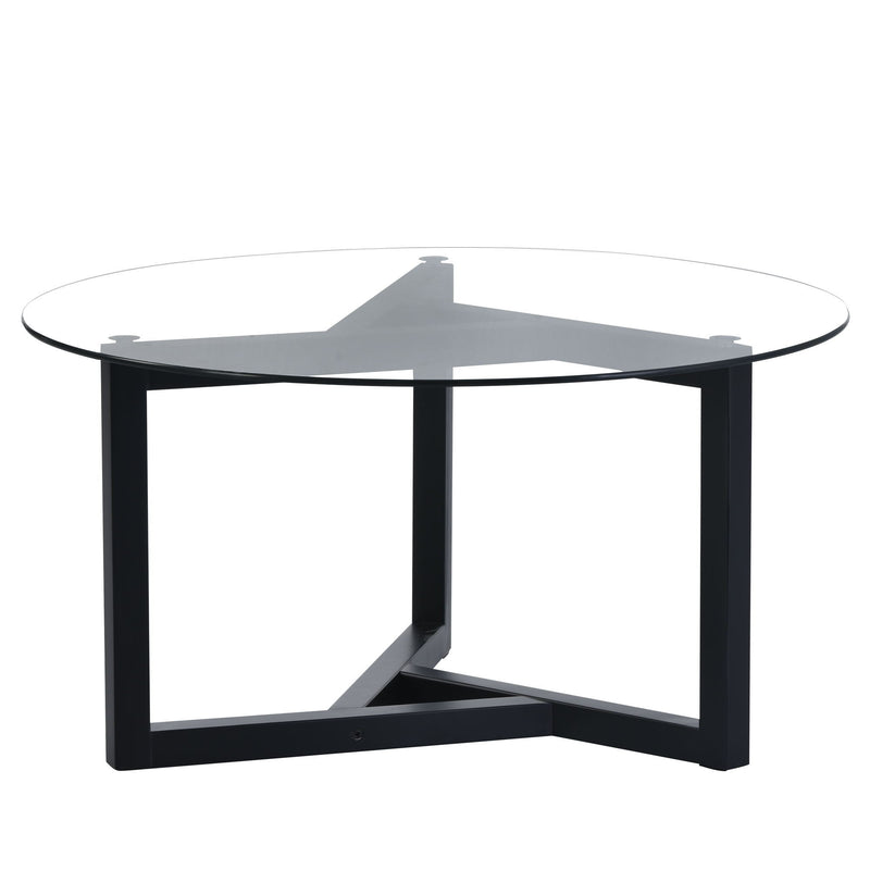 On-Trend Round Glass Coffee Table Modern Cocktail Table Easy Assembly With Tempered Glass Top & Sturdy Wood Base (Black)
