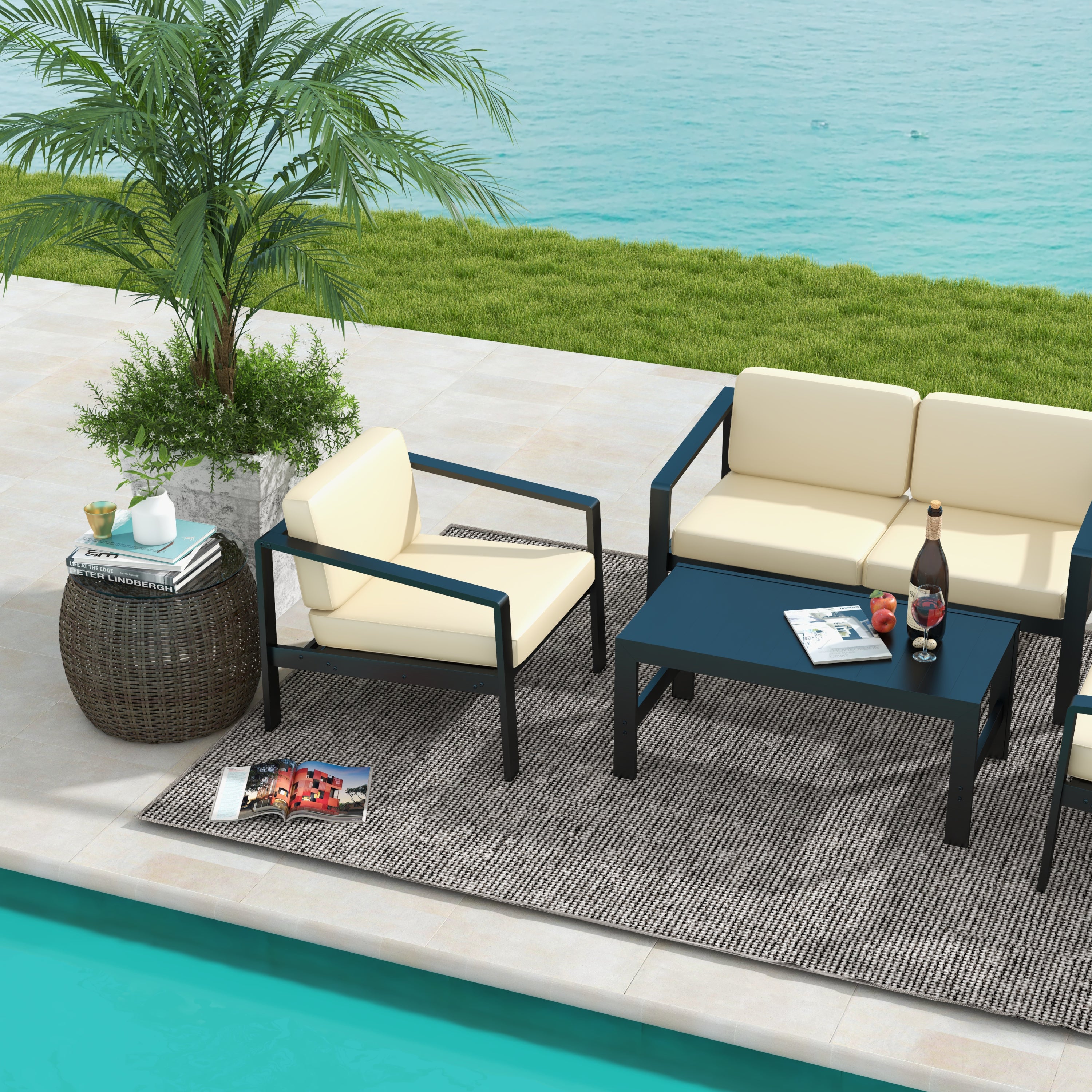 Outdoor Patio Furniture Single Armchair with Cushions in stripe for Restaurant Outdoor courtyard Garden Open-air balcony Poolside,Black aluminum fram,Modern Design - Atlantic Fine Furniture Inc
