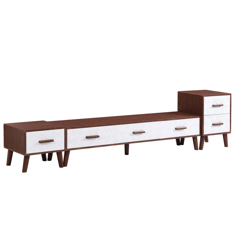 U-Can 3 Piece TV Stand Set, 1 TV Stand And 2 End Tables With Drawers And Embossed Patterns For Living Room, Brown / White
