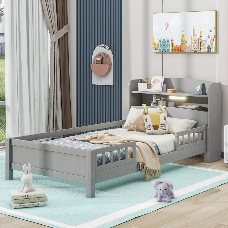 Wood Twin Size Platform Bed With Built-In Led Light, Storage Headboard And Guardrail, Antique Gray
