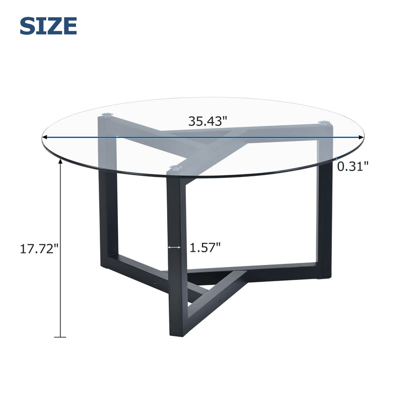 On-Trend Round Glass Coffee Table Modern Cocktail Table Easy Assembly With Tempered Glass Top & Sturdy Wood Base (Black)