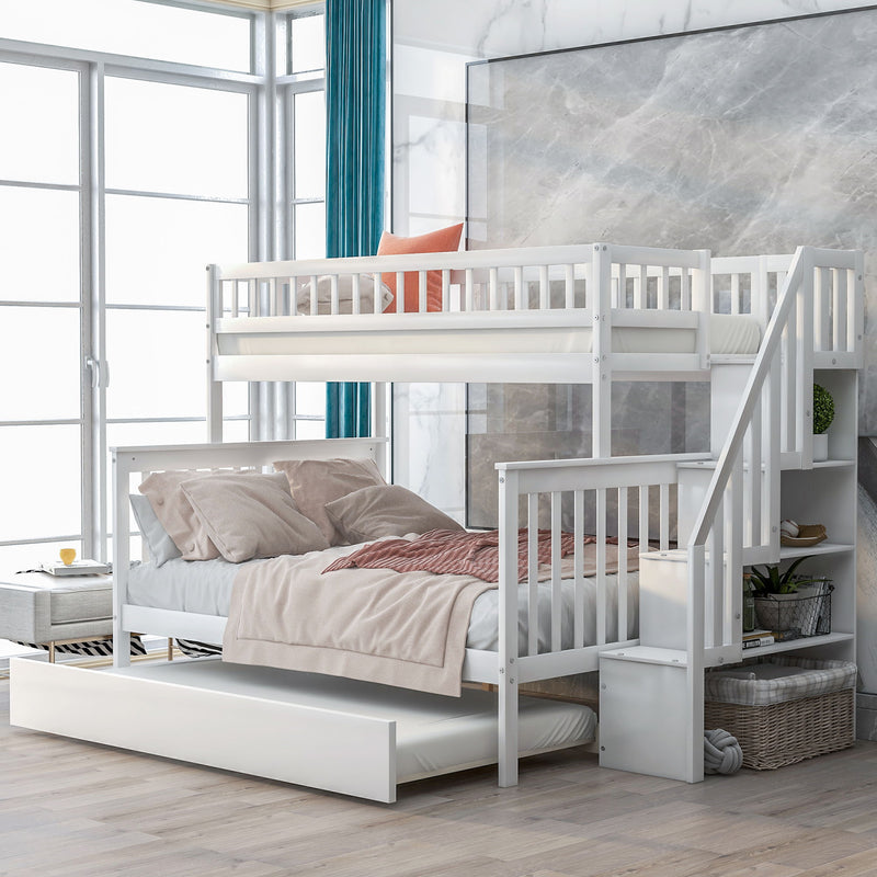 Twin Over Full Bunk Bed With Trundle And Staircase, White