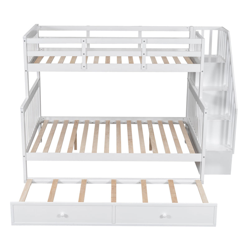 Twin-Over-Full Bunk Bed With Twin Size Trundle, Storage And Guard Rail For Bedroom, Dorm, For Adults, White