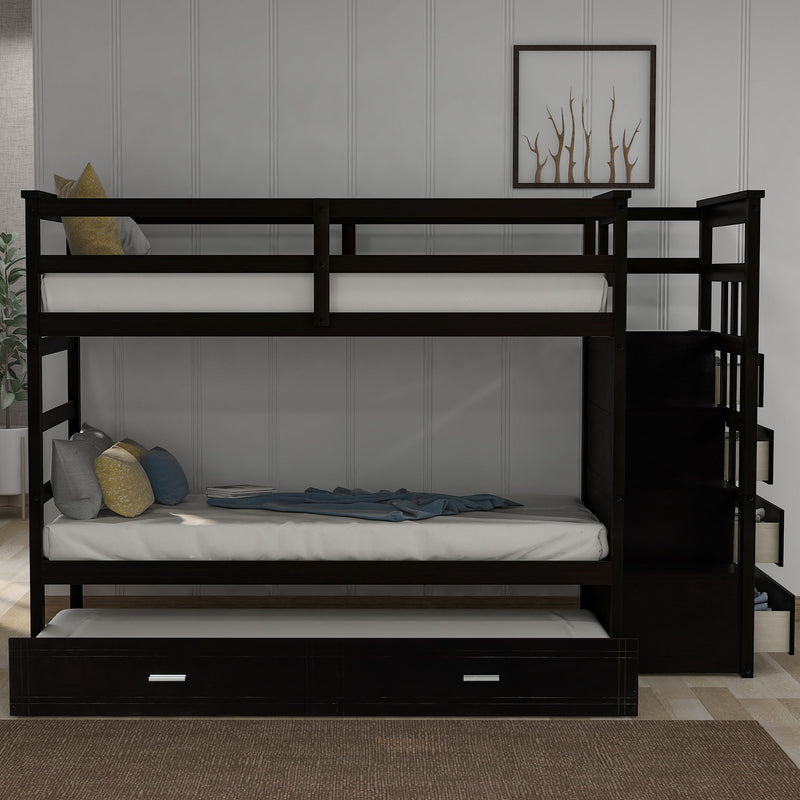 Solid Wood Bunk Bed - Hardwood Bunk Bed With Trundle And Staircase