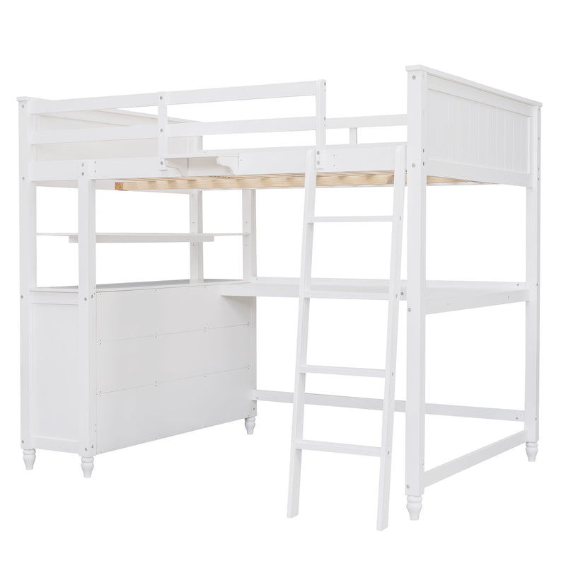 Full Size Loft Bed With Drawers And Desk, Loft Bed With Shelves - White