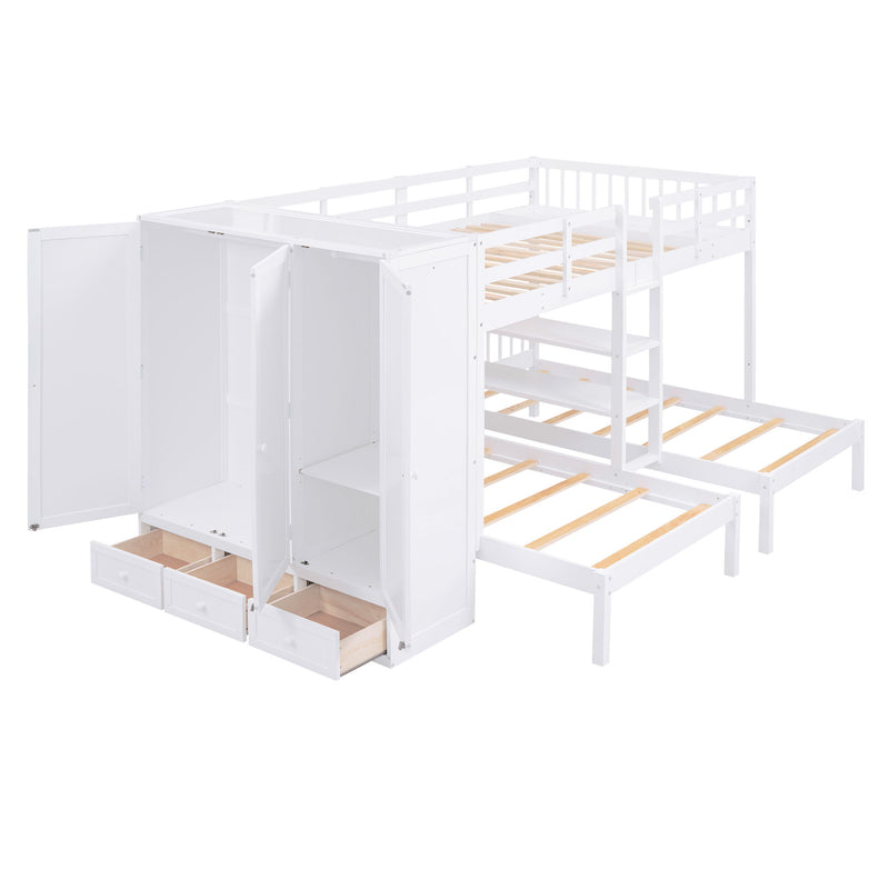Full-Over-Twin-Twin Bunk Bed With Shelves, Wardrobe And Mirror, White