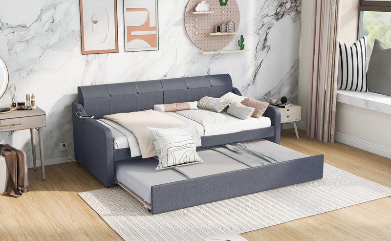 Twin Size Upholstery Daybed With Trundle And USB Charging Design, Trundle Can Be Flat Or Erected, Gray