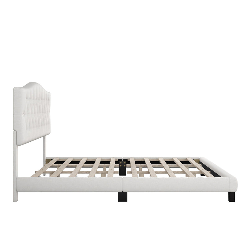 Upholstered Platform Bed With Saddle Curved Headboard And Diamond Tufted Details, Full, Beige