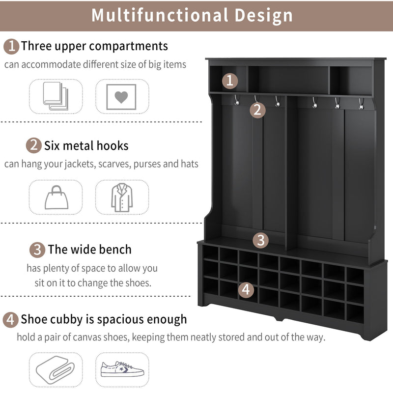 On-Trend Modern Style Multiple Functions Hallway Coat Rack With Metal Black Hooks, Entryway Bench 60" Wide Hall Tree With Ample Storage Space And 24 Shoe Cubbies, Black